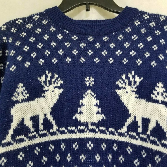 Men’s Size L Puritan Blue Reindeer / Moose Acrylic Sweater Trees Vintage Design - Picture 2 of 12